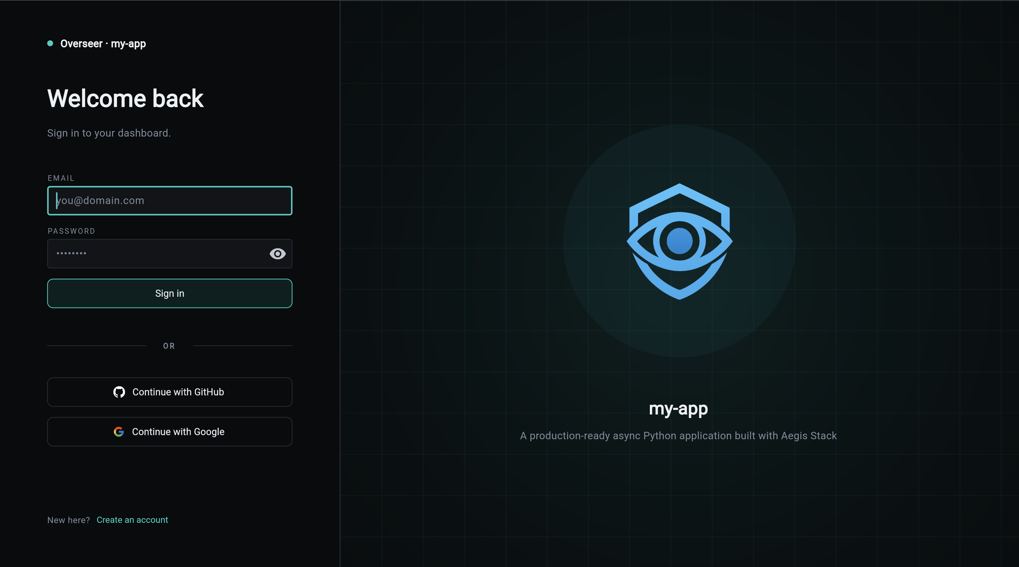 Overseer sign-in screen with email and password fields, plus GitHub and Google OAuth buttons